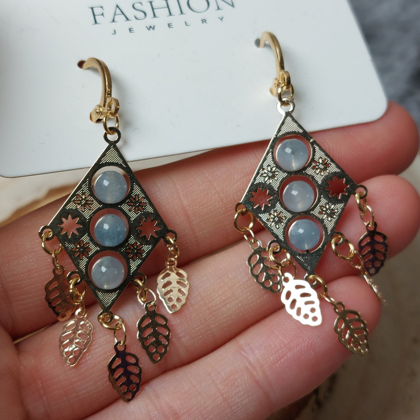 Modeschmuck Ohrringe Aquamarin Raute Traumfänger