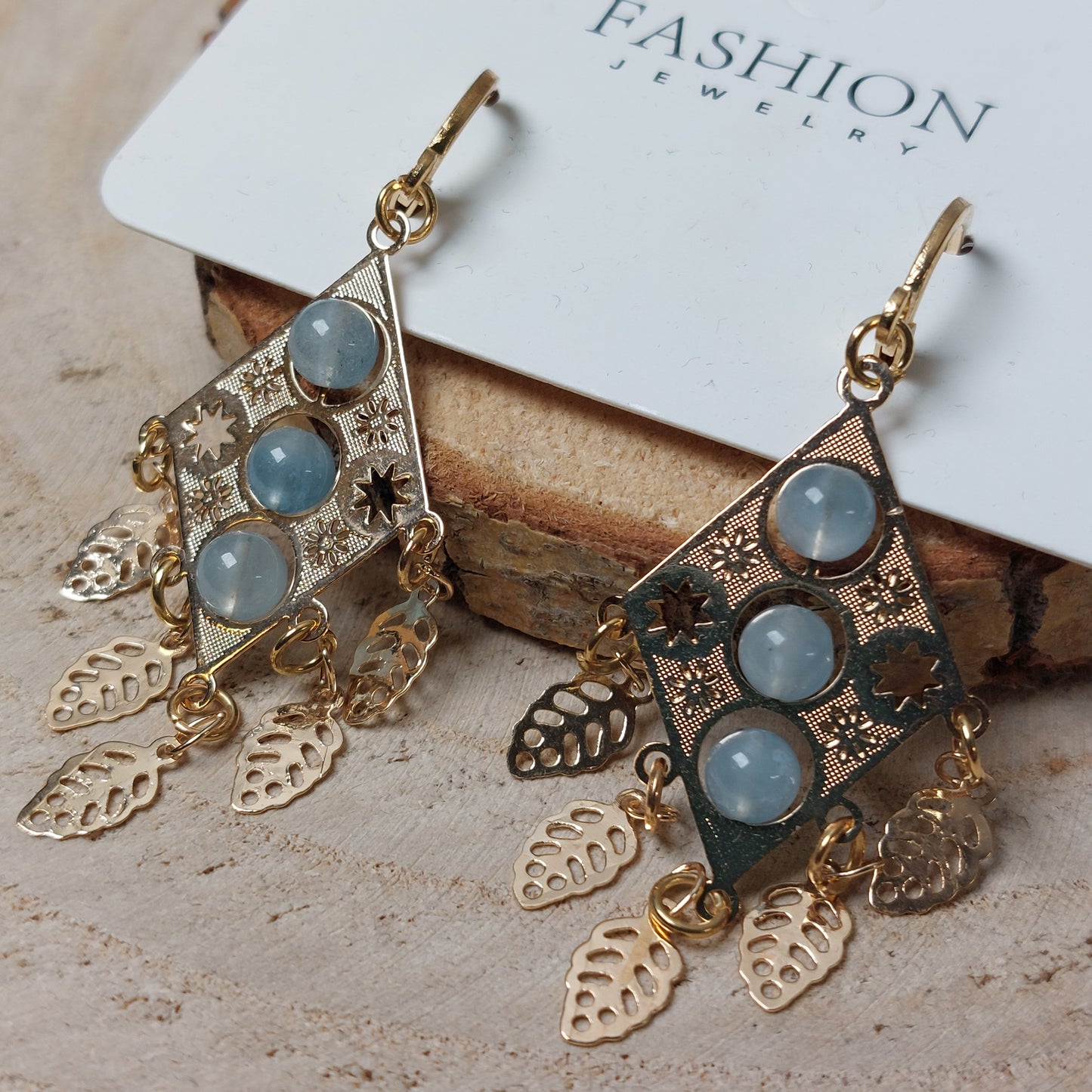 Modeschmuck Ohrringe Aquamarin Raute Traumfänger