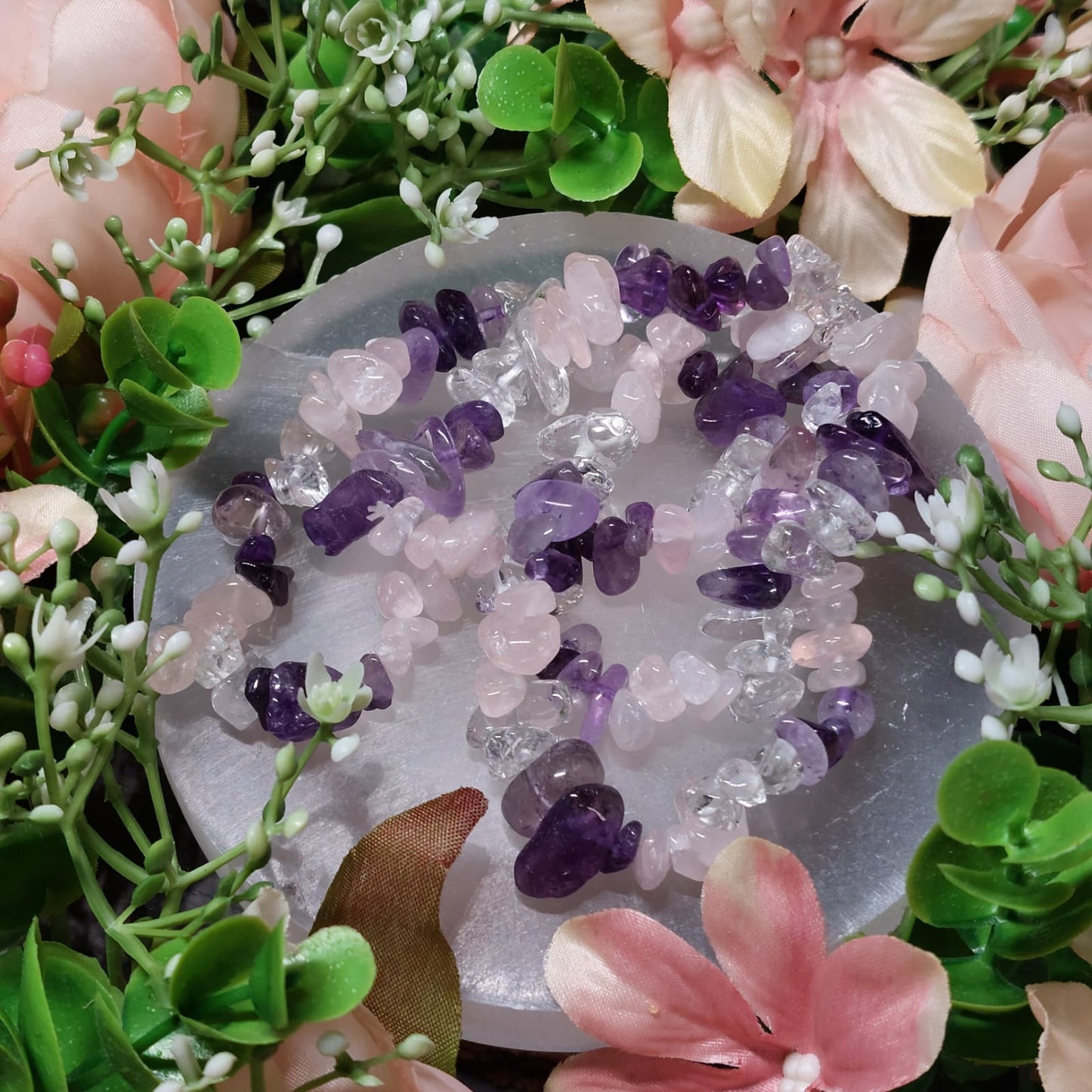 Armband Goldenes Dreieck - Amethyst, Rosenquarz, Bergkristall